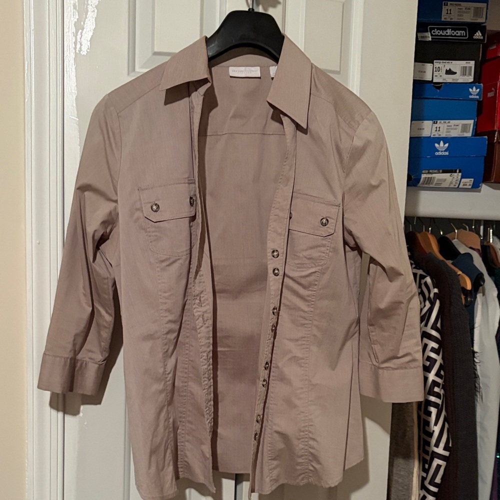 New York & Company Beige Stretch Shirt